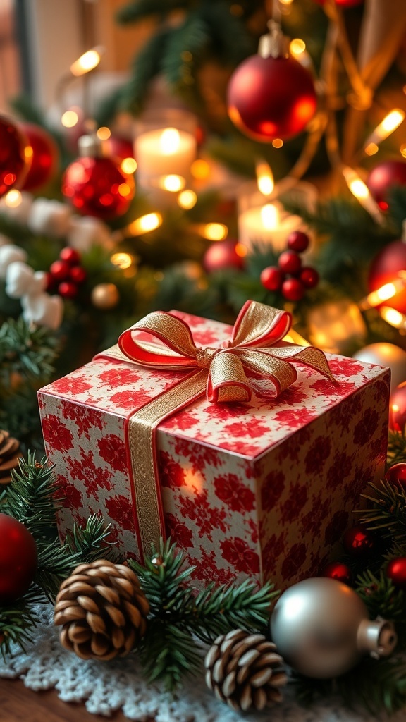 A wrapped Christmas gift box with decorations, symbolizing holiday gifting.